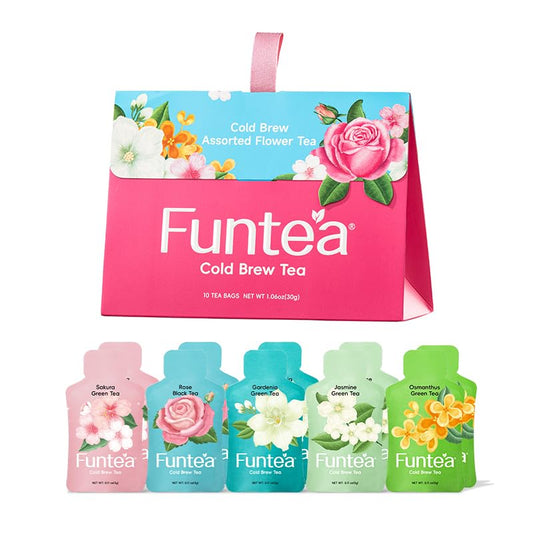 FUNTEA Cold Brew Flower Tea Sampler, Caffeine-Free Unsweetened Herbal Tea, 5 Flavors Variety Pack, Individually Wrapped Tea Bags, Refreshing Iced Tea, 10 Count (Pack of 1)