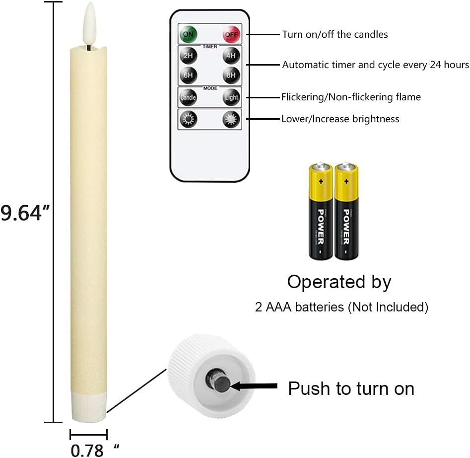 GenSwin Flameless Ivory Taper Candles Flickering with 10-Key Remote, Battery Operated Led Warm 3D Wick Light Window Candles Real Wax Pack of 6, Christmas Home Wedding Decor(0.78 X 9.64 Inch)
