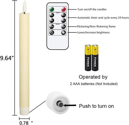 GenSwin Flameless Ivory Taper Candles Flickering with 10-Key Remote, Battery Operated Led Warm 3D Wick Light Window Candles Real Wax Pack of 6, Christmas Home Wedding Decor(0.78 X 9.64 Inch)
