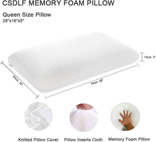 CSDLF Memory Foam Bed Pillows, Pillow for Side and Back Sleeper, Pillow for Neck Pain Relief, Washable Removable Cover, Soft, White (Queen)