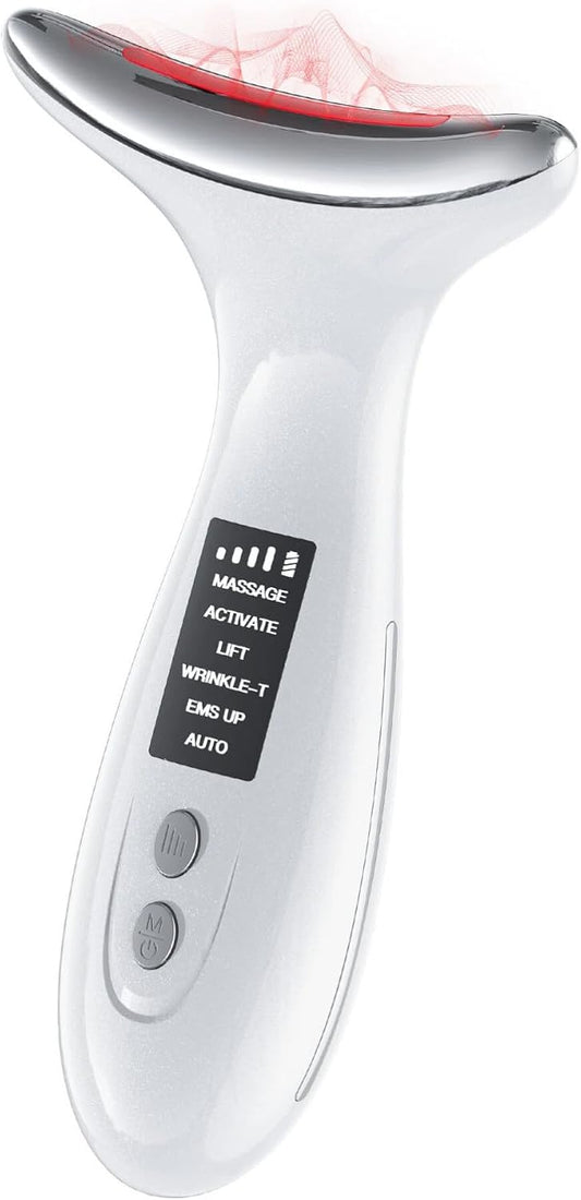 7-Color LED Red Light Therapy Face & Neck Massager - Anti-Aging Facial Sculptor with Heat, Vibration, Lifting, Firming, Timer for Visible Skin Tightening, Rechargeable At-Home Beauty Device