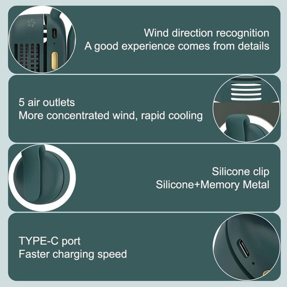 TFQXA1Z Portable Silent Clip On Bladeless Fan, Rechargeable Wearable Fan - Hands-Free Waist & Neck Cooling, 3 Speeds, Up to 5H Runtime, USB-C Fast Charge (White)