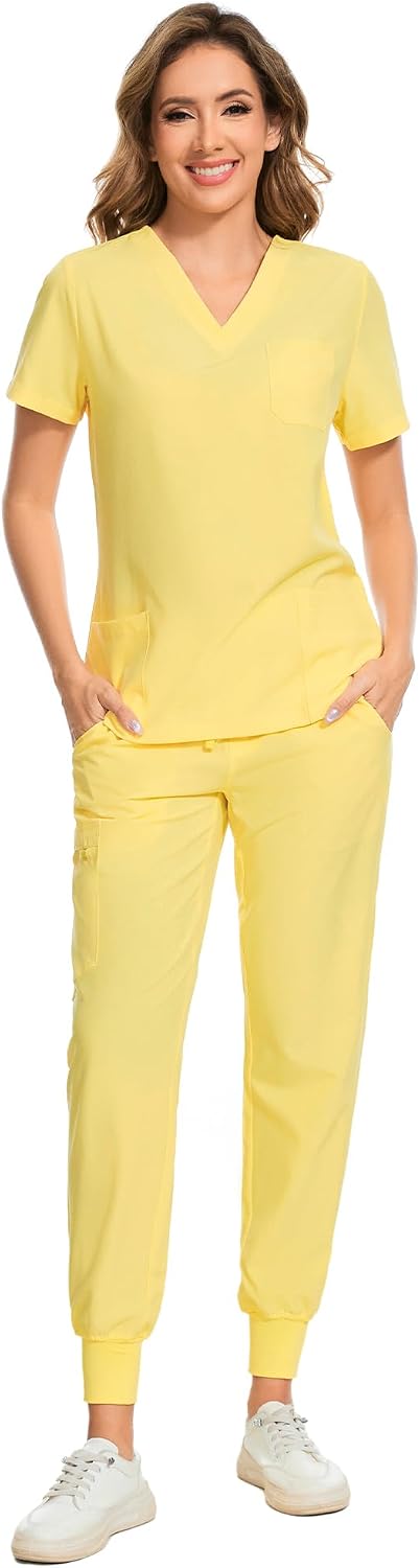COZYFIT Scrubs for Women Set - Stretch V-Neck Scrub Top & Jogger Pant with 8 Pockets COZY SCRUBS - Colors E