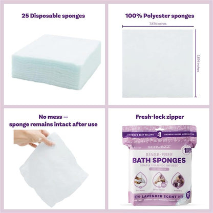 Scrubzz Disposable Rinse Free Bathing Wipes - 25 Pack - All-in-1 Single Use Shower Wipes, Simply Dampen, Lather, and Dry Without Shampoo or Rinsing