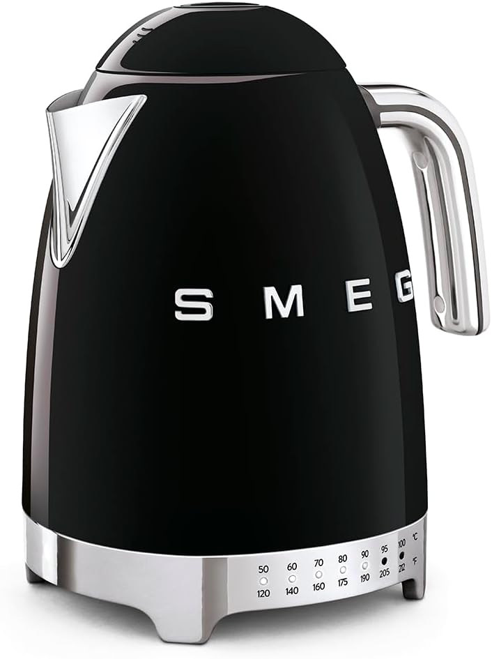SMEG Variable Temperature Electric Kettle 1.7L (7 Cup), Stainless Steel Tea & Coffee Kettle, Fast Boil, Adjustable Temp 122°F–212°F, Keep Warm, Auto Shut-Off, 360° Base, Retro Style-Black
