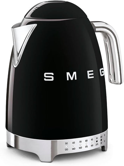 SMEG Variable Temperature Electric Kettle 1.7L (7 Cup), Stainless Steel Tea & Coffee Kettle, Fast Boil, Adjustable Temp 122°F–212°F, Keep Warm, Auto Shut-Off, 360° Base, Retro Style-Black
