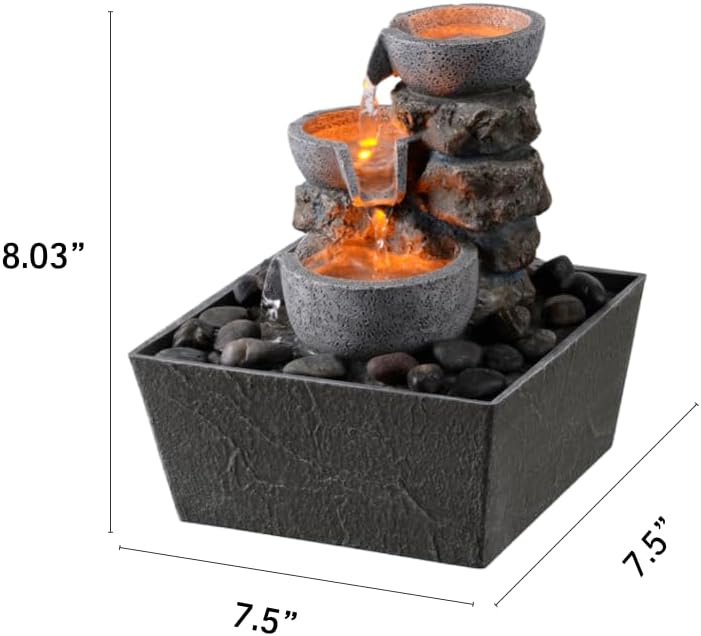 Haobos Decorative Indoor Fountain 3-Bowl Rockery Soothing Sound Tabletop Fountains Home/Office Decor with Led Light/Some Cobblestones(1556A)