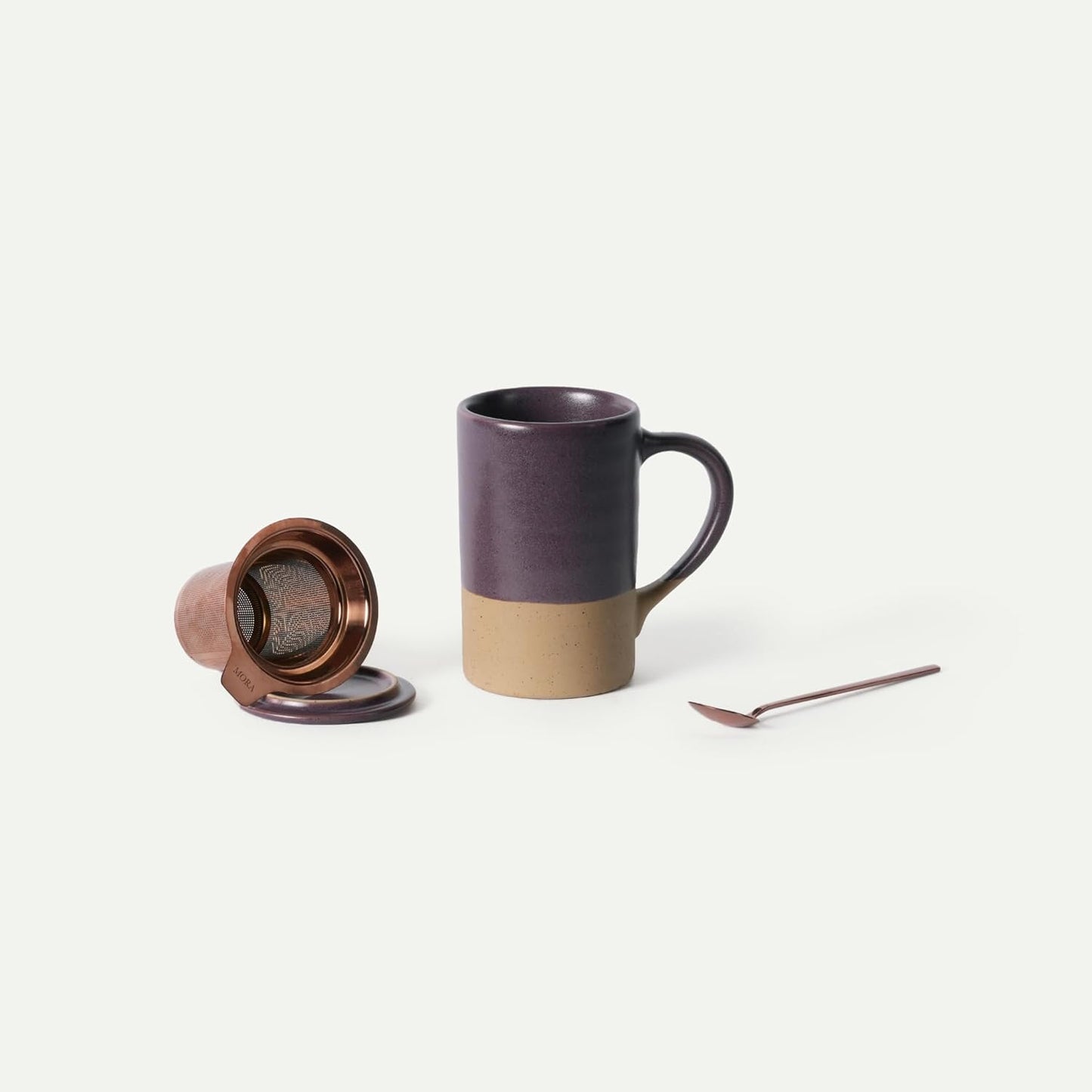 Mora Ceramics Tea Cup with Loose Leaf Infuser, Spoon and Lid, 12 oz, Microwave and Dishwasher Safe Coffee Mug - Rustic Matte Ceramic Glaze, Modern Herbal Tea Strainer - Great Gift for Women, Garnet