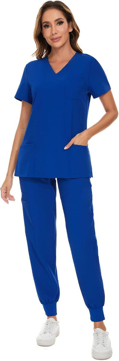 COZYFIT Scrubs for Women Set - Stretch V-Neck Scrub Top & Jogger Pant with 8 Pockets COZY SCRUBS - Colors A
