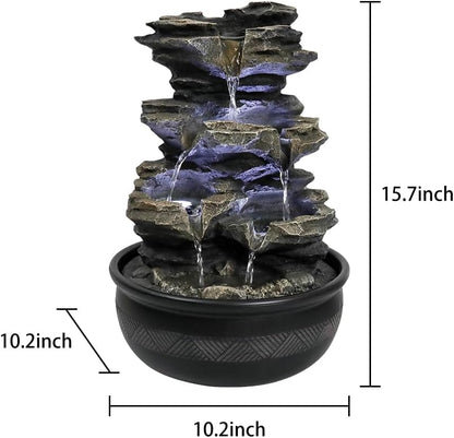 8.3” H Indoor Zen Tabletop Water Fountain, Rock Cascading Waterfall with Spinning Crystal Ball & LED Light for Home Office Decor