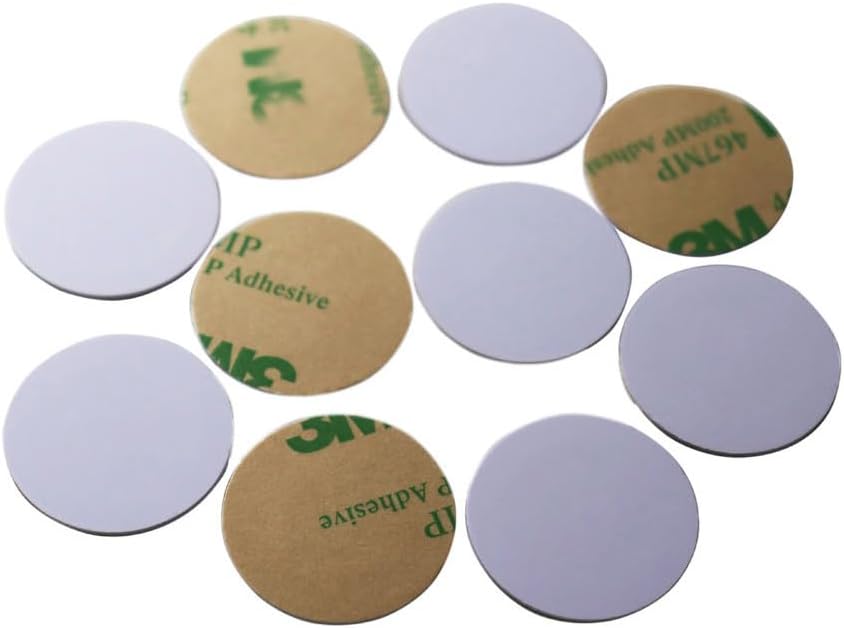 ETEKJOY 10 PCS Writable 125kHz RFID Sticker Coin Adhesive Back T5577 Proximity ID Card Token Key Tag Rewritable Dia 25mm (Blank Card No Data)