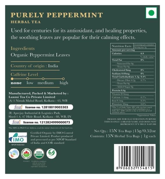 Luxmi Estates Purely Peppermint Tea Bags (50 count) | USDA Certified Organic Caffeine Free Herbal Tea | Mint Tea Best for Night Time