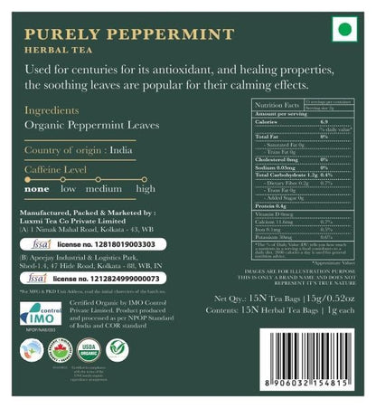 Luxmi Estates Pure Peppermint Tea, 25 Tea Bags (50g, 1.76oz) | USDA Organic Single-Ingredient Whole Leaf Peppermint | Caffeine-Free Herbal Infusion for Digestion, Refreshment & After-Dinner Sipping, Vegan & Non-GMO
