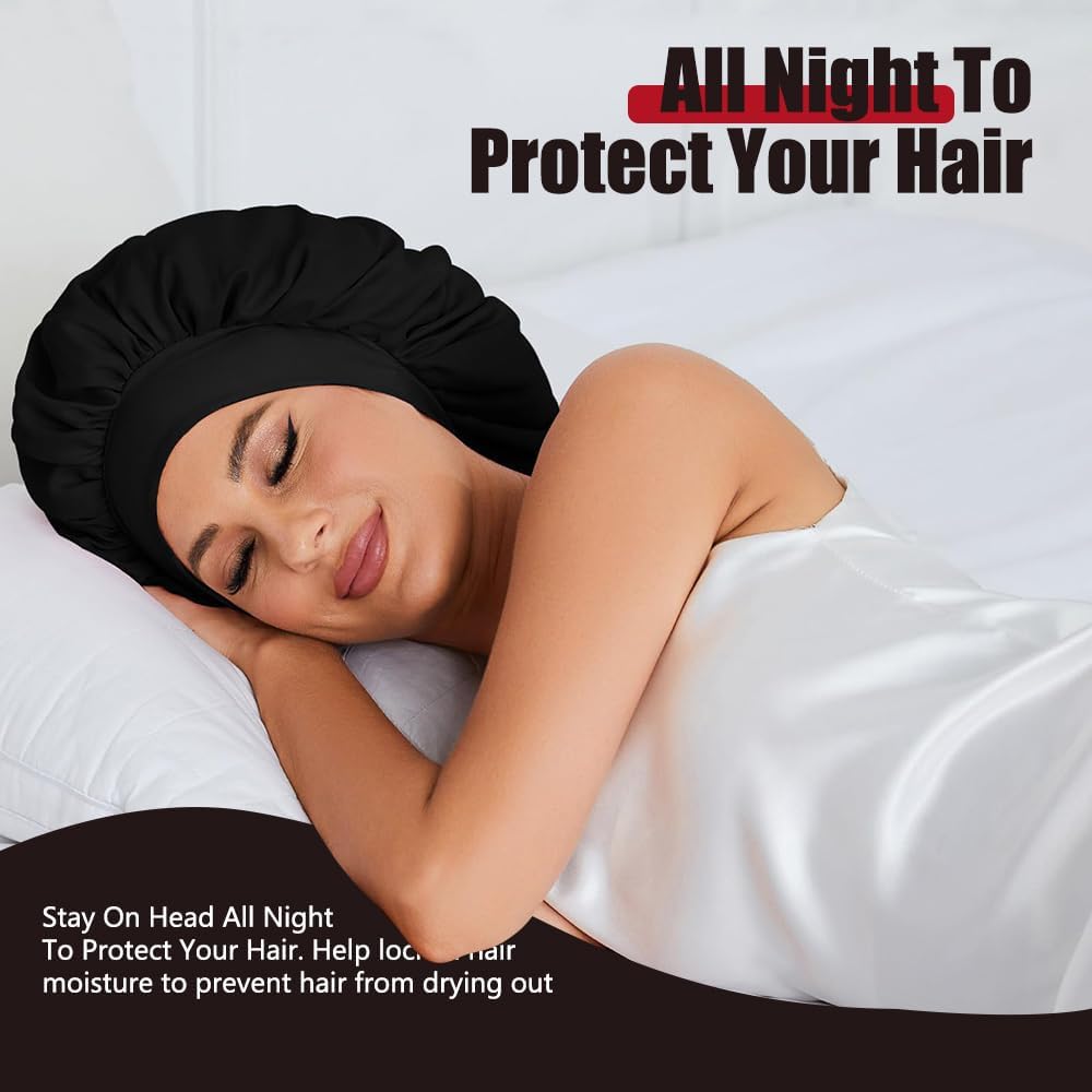 Silk Bonnet for Sleeping, Women Double Layer Satin Hair Bonnet with Elastic Tie Band Sleep Cap for Curly Hair