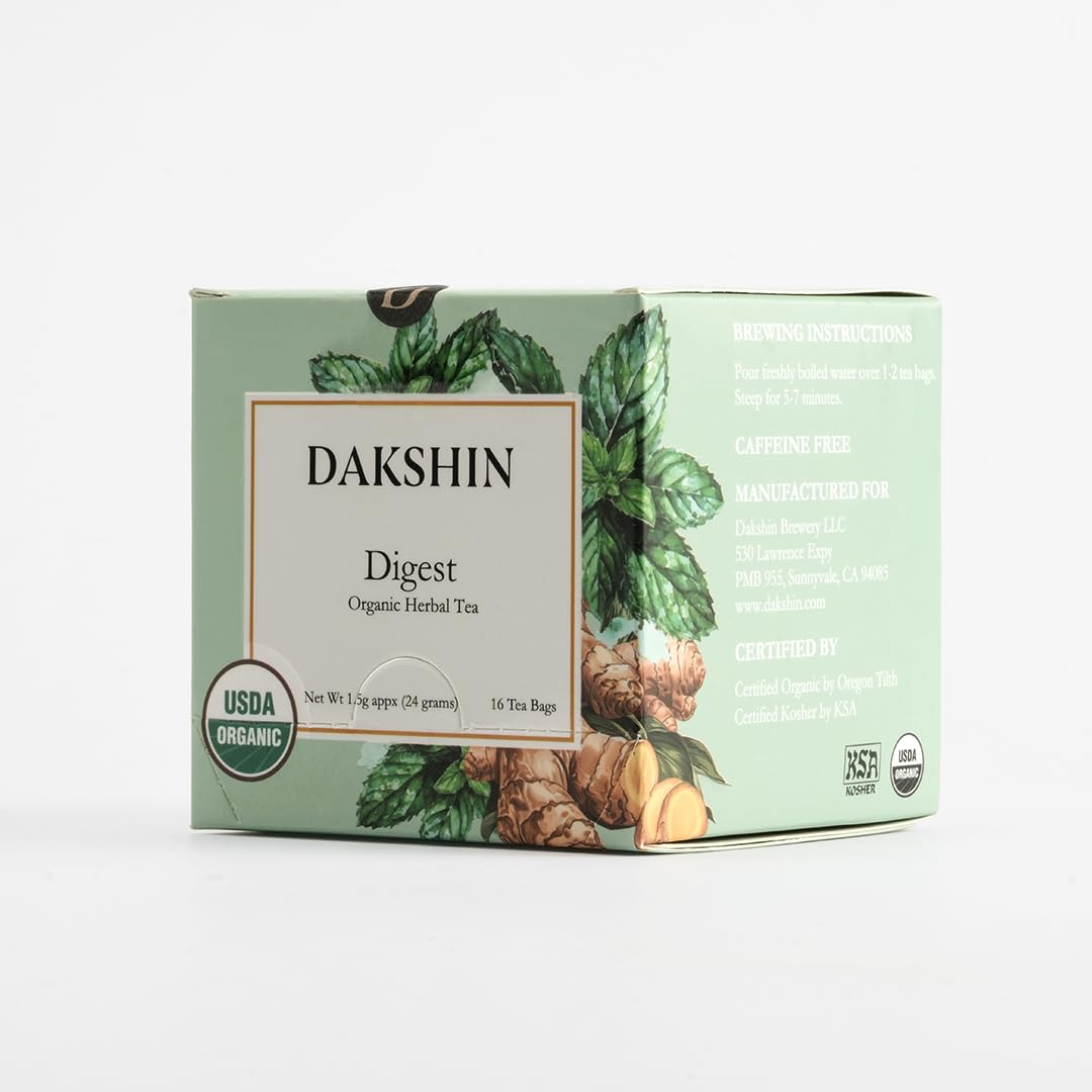 DAKSHIN Organic Digestive Tea Bags | Ginger, Peppermint, Fennel, Dandelion Root & Licorice | Naturally Soothing After-Meal Tea | Caffeine-Free | USDA Organic | 16 Tea Bags