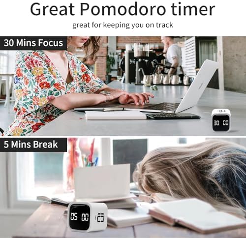 Productivity Timer Flip Gravity Sensor Cube Timer Countdown & Countup,Mute & Vibrate & Sound，5/10/30/60min & Custom Timing, Perfect for ADHD,Work,Learning,Kitchen Cooking (1White)