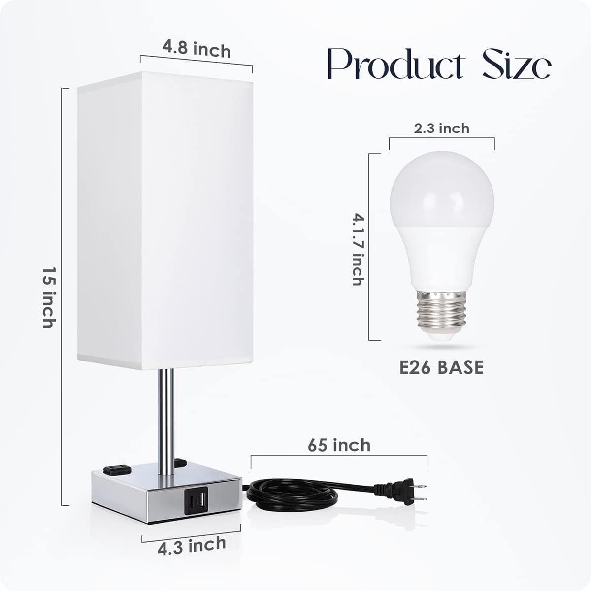 Bedside Table Lamp for Bedroom - Touch Small Lamp with USB C+A Charging Ports & AC Outlets, 3 Way Dimmable Nightstand Light for Living Room (LED Bulb Included, Grey)