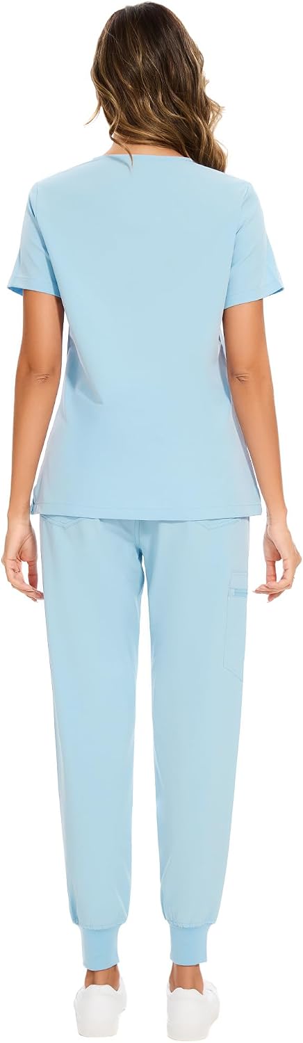 COZYFIT Scrubs for Women Set - Stretch V-Neck Scrub Top & Jogger Pant with 8 Pockets COZY SCRUBS - Colors E