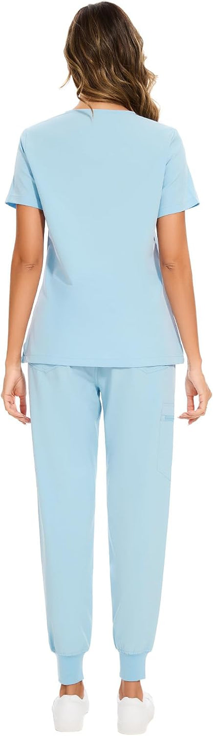 COZYFIT Scrubs for Women Set - Stretch V-Neck Scrub Top & Jogger Pant with 8 Pockets COZY SCRUBS - Colors E