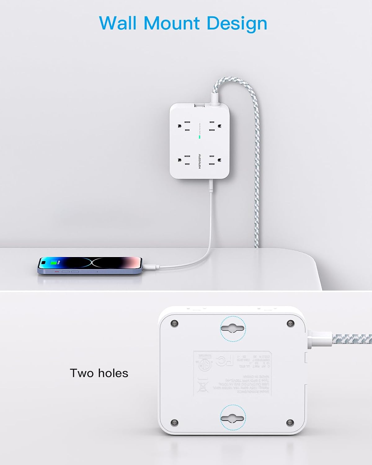 HANYCONY Surge Protector Power Strip, 1080J, 5 Ft Braided Extension Cord