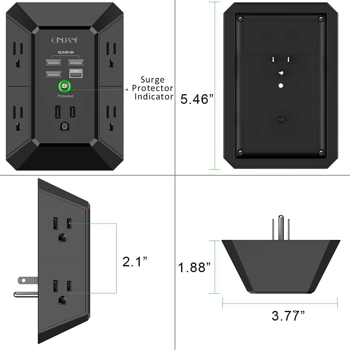 Wall Charger, Surge Protector, QINLIANF 5 Outlet Extender with 4 USB Ports