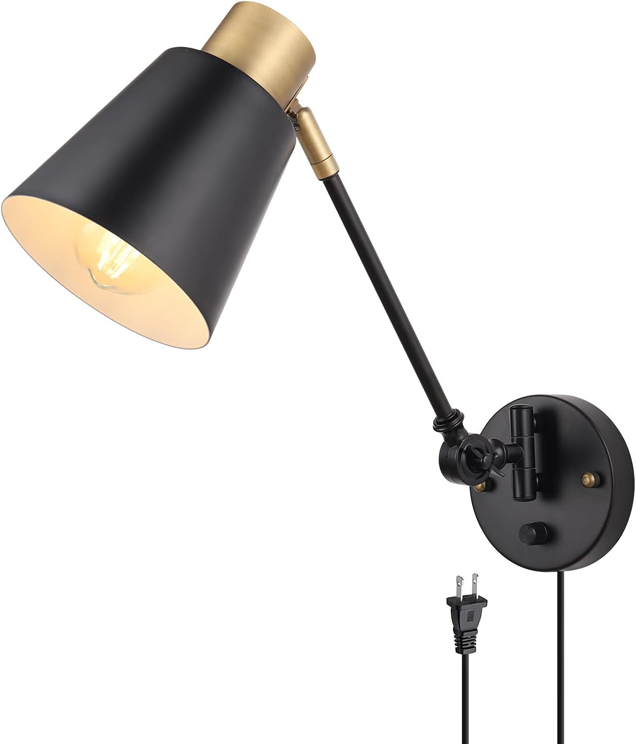 Dimmable Wall Lamp with Plug in Cord, ENCOMLI Plug in Wall Sconces Set of Two, Swing Arm Sconces Wall Lighting with On Off Switch, Metal Black Brass Industrial Wall Sconce Plug in Wall Light, E26 Base