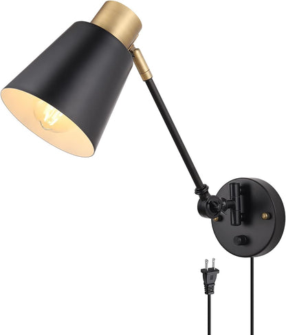 Dimmable Wall Lamp with Plug in Cord, ENCOMLI Plug in Wall Sconces Set of Two, Swing Arm Sconces Wall Lighting with On Off Switch, Metal Black Brass Industrial Wall Sconce Plug in Wall Light, E26 Base