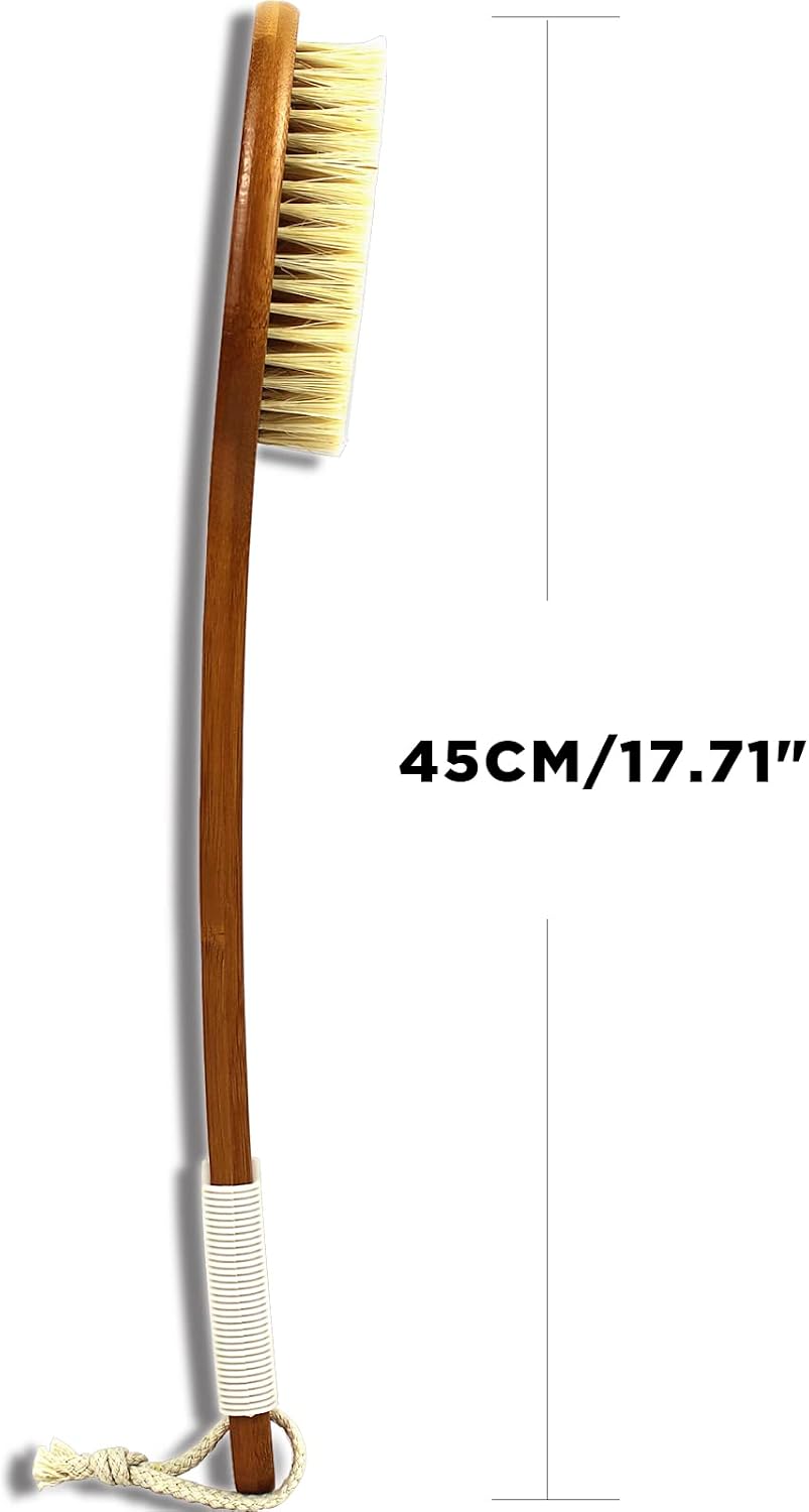 ICANdOIT-17.71Inch Natural Boar Bristles Anti-Slip Long Handle Bath Brush,Bent Handle Shower Scrubber for Exfoliating,Shower Back Brush,Exfoliation Set with Pumice Stone (1 Pack)
