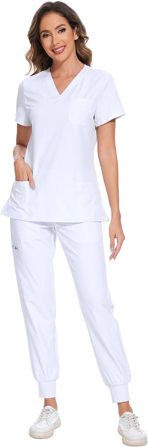 COZYFIT Scrubs for Women Set - Stretch V-Neck Scrub Top & Jogger Pant with 8 Pockets COZY SCRUBS - Colors A