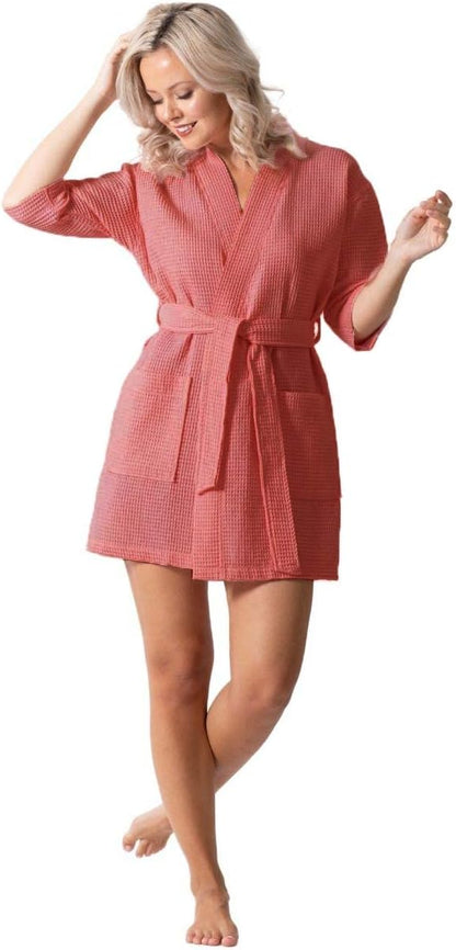 Turkish Linen Lightweight Waffle Knit Bath, Spa & Bridesmaids Kimono Short Robes for Women - Quick Dry & Soft