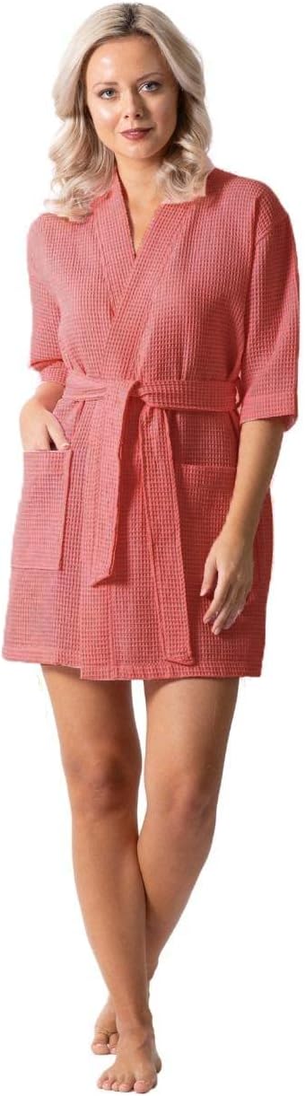 Turkish Linen Lightweight Waffle Knit Bath, Spa & Bridesmaids Kimono Short Robes for Women - Quick Dry & Soft