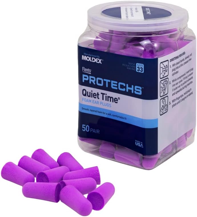 Flents Protechs Foam Ear Plugs, 70 Pair for Sleeping, Snoring, Loud Noise, Traveling, Concerts, Construction, Studying, Work, Shooting, NRR 33, Noise Cancelling, Disposable Purple, Made in the USA