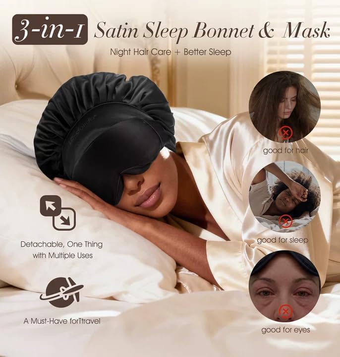 LC-dolida Satin Silk Bonnet for Sleeping Women Men, 2-in-1 Adjustable Hair Bonnet for Curly & Natural with Sleep Mask, Reduce Frizz, Lock in Moisture, Prevent Breakage and Tangles(Black)