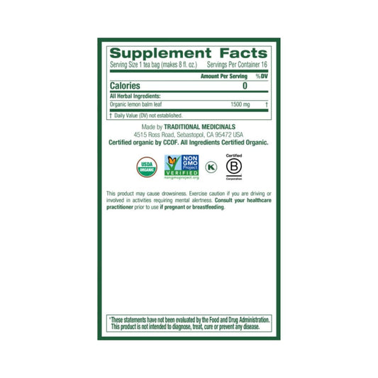 TRADITIONAL MEDICINALS TEA LEMON BALM ORG 16 BG