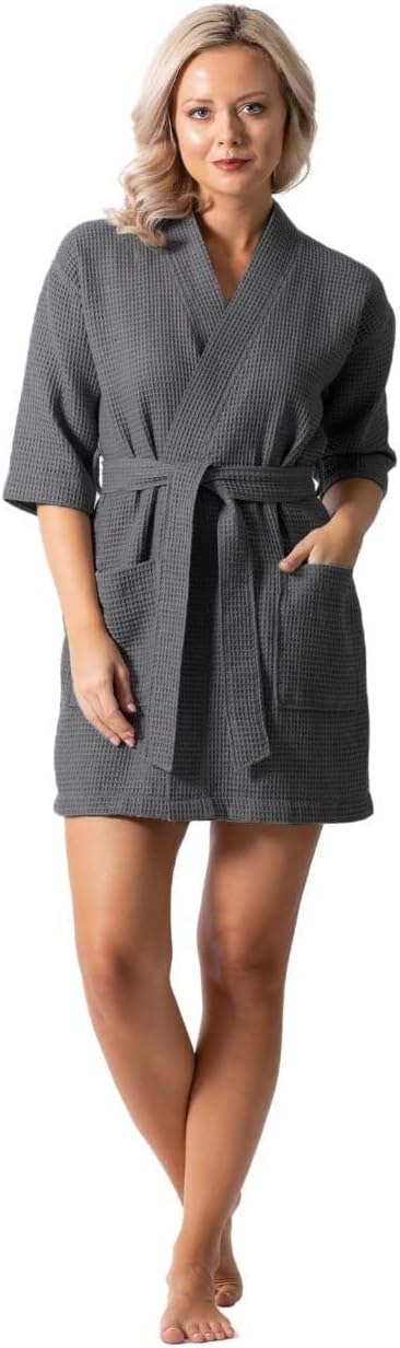 Turkish Linen Lightweight Waffle Knit Bath, Spa & Bridesmaids Kimono Short Robes for Women - Quick Dry & Soft