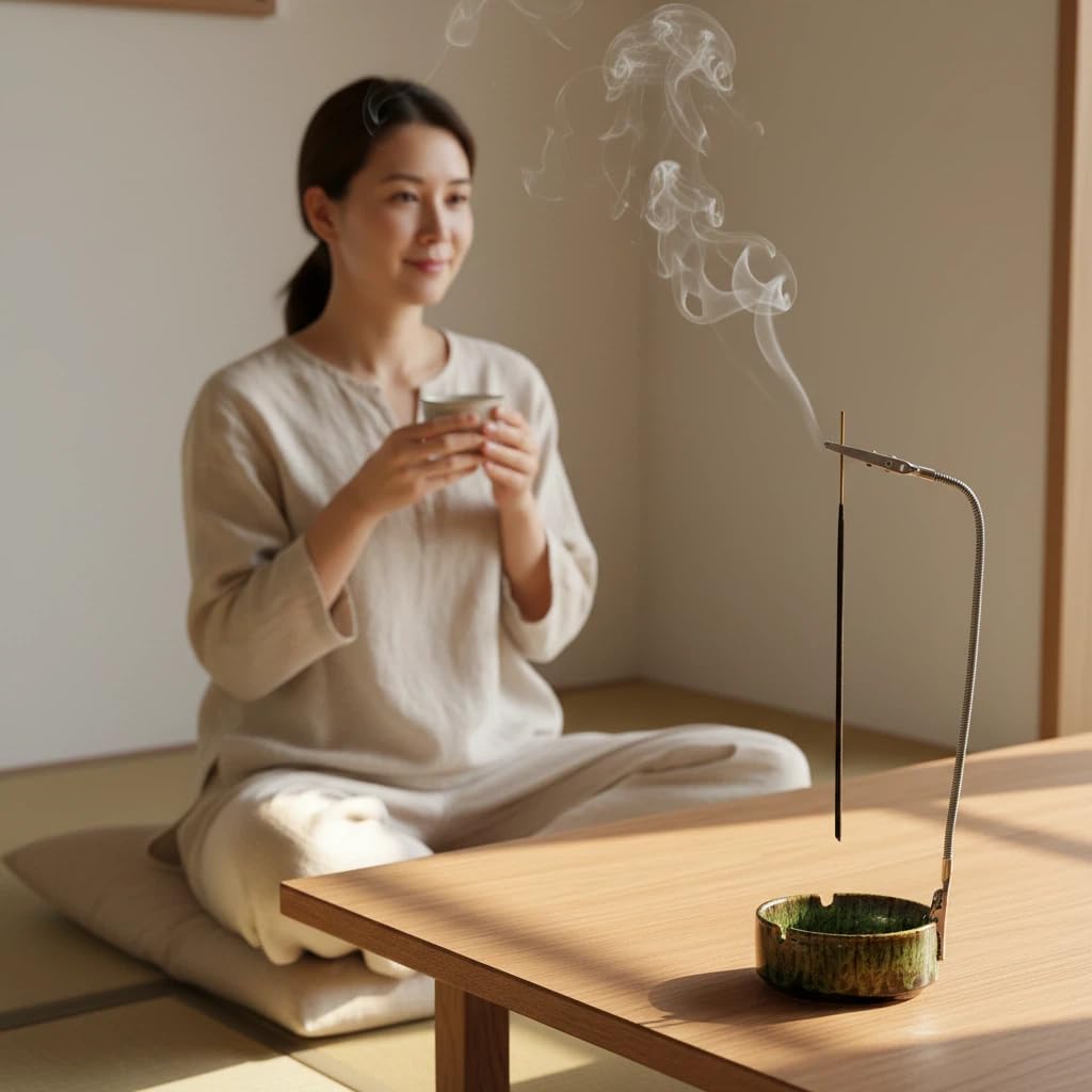 Modern Incense Holder with Flexible Metal Stand, Silver Ash Collector Base, Minimalist Design for Home Meditation and Aromatherapy. (Black + Clip)