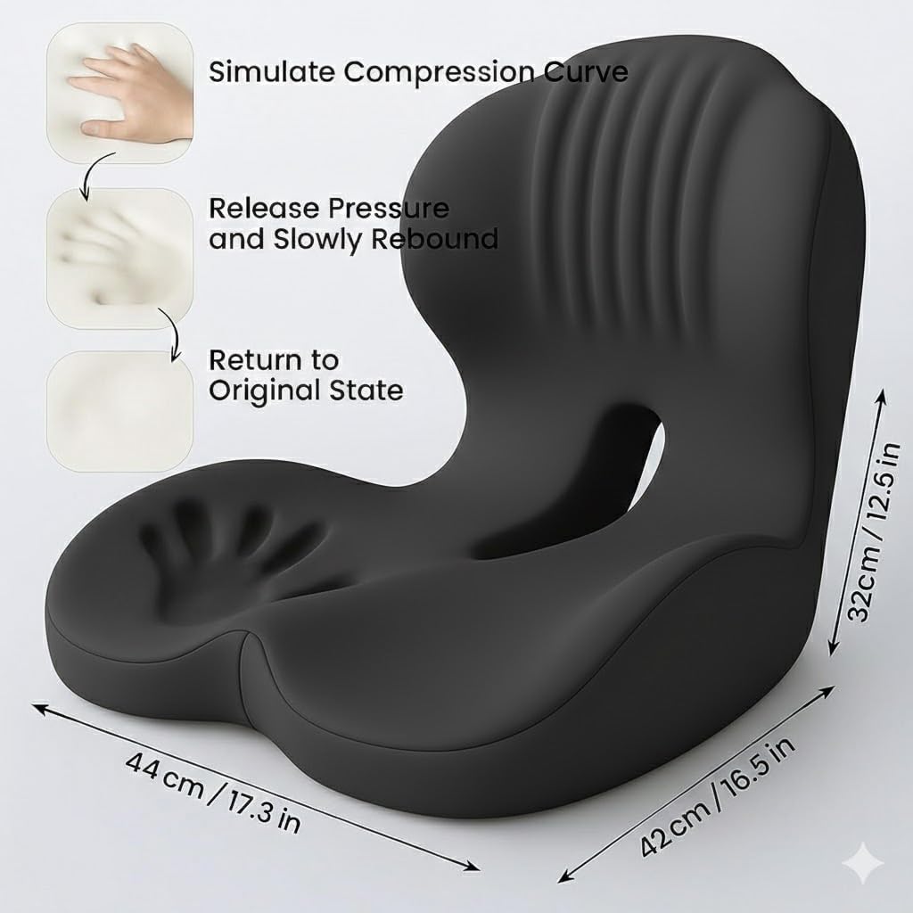 Ergonomic L-Shaped Memory Foam Seat Cushion with Lumbar Support, Designed to Help Relieve Tailbone, Coccyx & Lower Back Pain for Office,Truck, Car & Travel (Black)