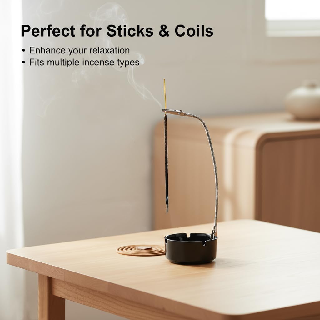 Modern Incense Holder with Flexible Metal Stand, Silver Ash Collector Base, Minimalist Design for Home Meditation and Aromatherapy. (Black + Clip)