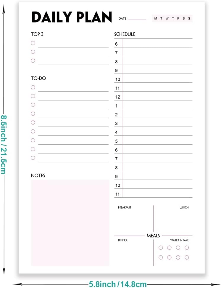 Daily Planner Notepad - A5 Calendar, Scheduler, Organizer with Priority, To Do List, Appointments, Notes, Meals and Water Intake Tracker, 50 Undated Tear-Off Sheets Planning Pad, 5.8"x8.25"