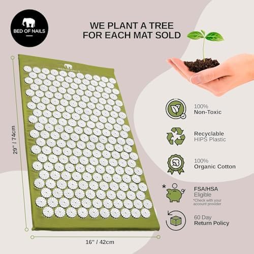 Bed of Nails Mat and Pillow Set – Original Bon Acupressure Design with 10962 Precision Nails, Mat: 28.5 x 16.5 x 1", Pillow: 14.5 x 6 x 4", Green