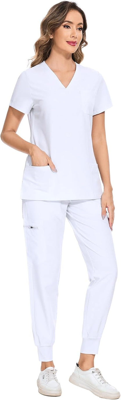 COZYFIT Scrubs for Women Set - Stretch V-Neck Scrub Top & Jogger Pant with 8 Pockets COZY SCRUBS - Colors A