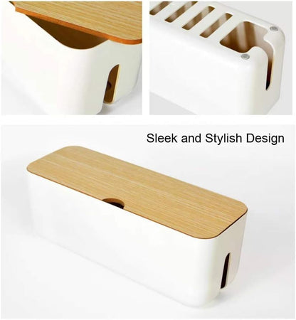 Cable Management Box with Bamboo Lid, Small Power Strip Organizer, Black