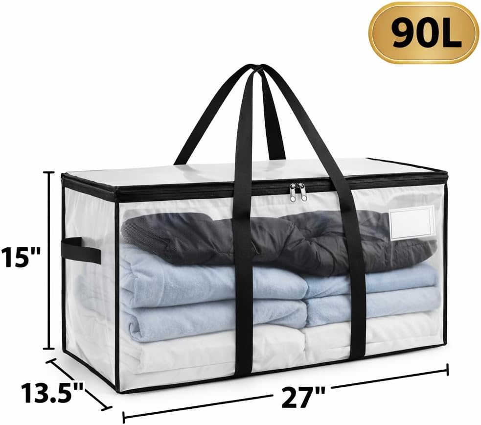 Comforter Storage Bags with Zipper and Handles (90L) - Extra Large Heavy Duty Moving Bags, Waterproof Blanket & Clothes Storage Bags, Foldable Under Bed Storage Totes for Bedding, Closet, College Dorm