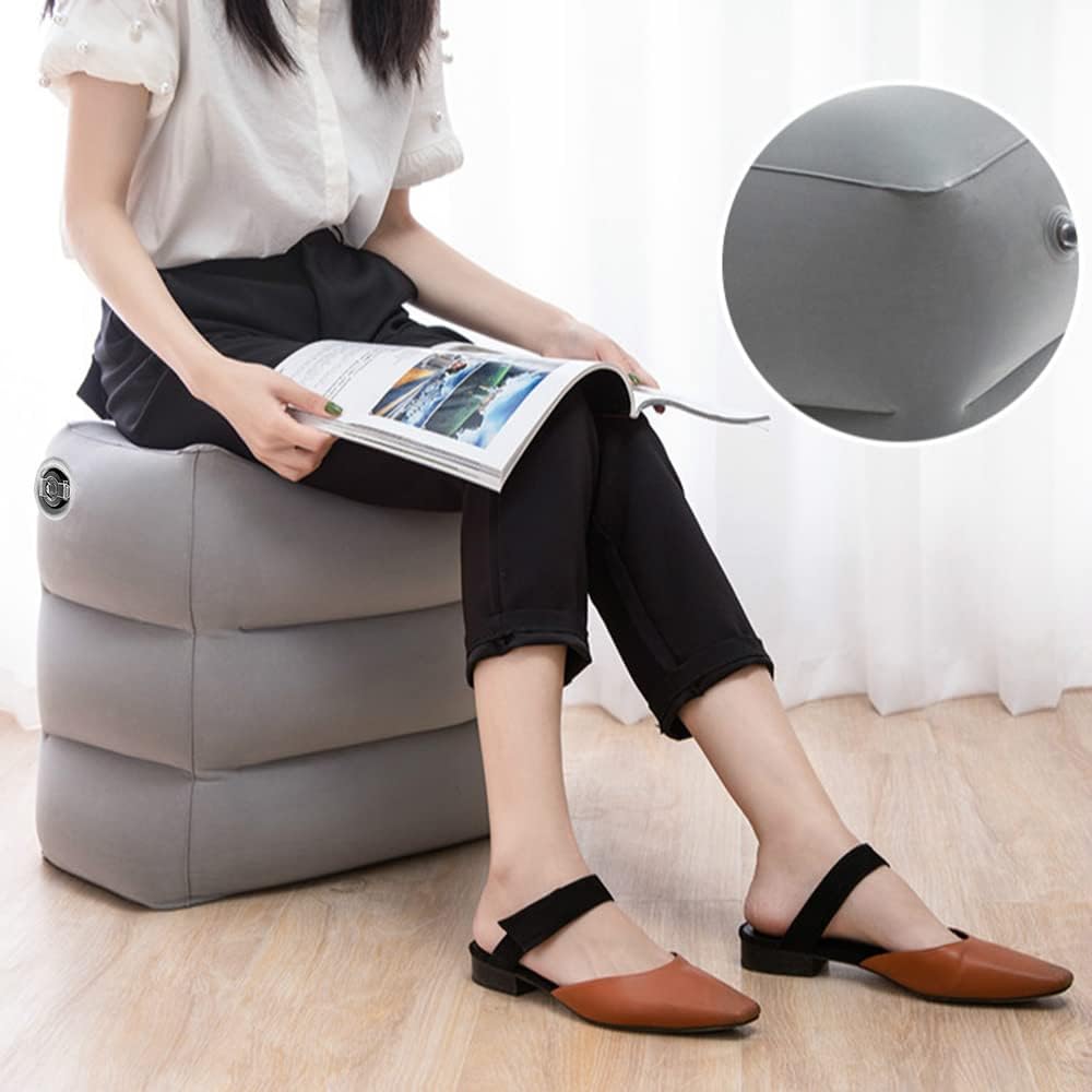 Inflatable Foot Rest Pillow for Travel, Adjustable Height Airplane Foot Cushion for Long Flights, Portable Comfort Footrest for Car, Office and Travel (Gray) (Black)