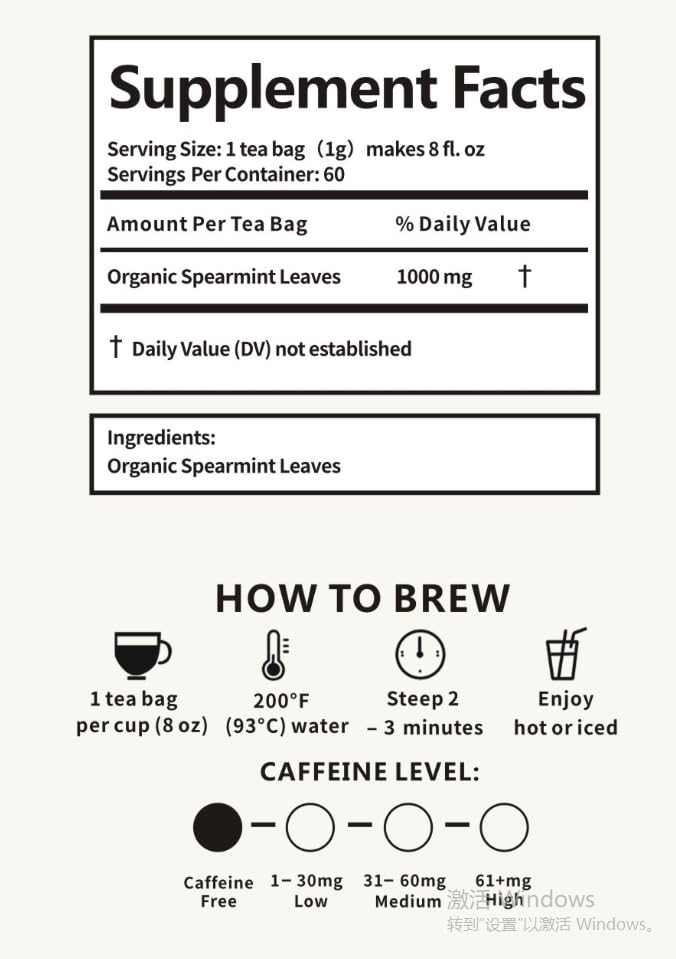 Organic Wellness Herbal tea 60 Servings Plant-Based Tea Bags – Caffeine Free with individual Wrap (Spearmint)