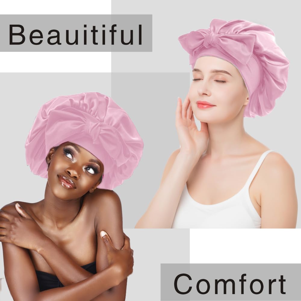VECIIR Silk Bonnet for Sleeping Women, Ajustable Hair Bonnet for Curly Hairs Satin Bonnet Reduce Friction Prevent Frizz Black，Large