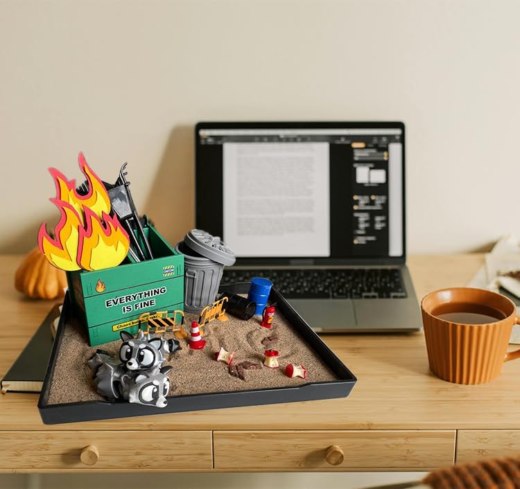 Dumpster Fire Zen Garden for Desk, Mini Sand Art Kit with Raccoons