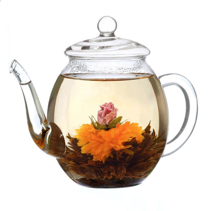 Creano Blooming Tea Gift Set with Glass Teapot 17oz (500ml) - Green Tea Fruity Flavoured Tea Flowers in 6 Varieties - Flowering Tea Gift for Easter