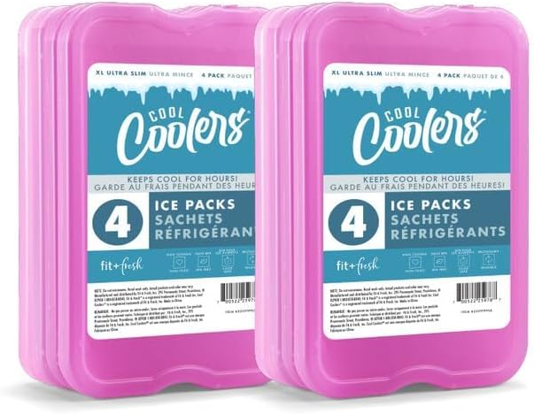 Cool Coolers by Fit & Fresh 4 Pack XL Slim Ice Packs, Quick Freeze Space Saving Reusable Ice Packs for Lunch Boxes or Coolers