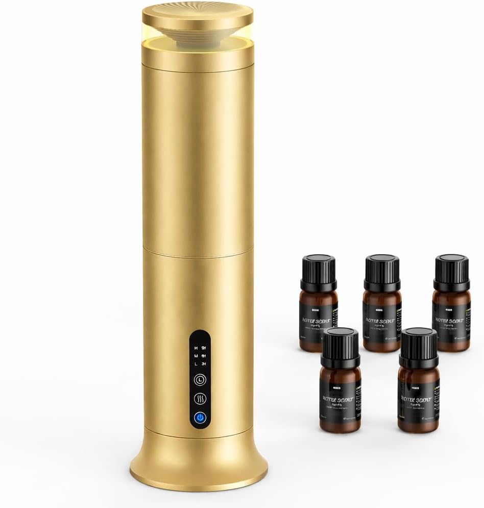Waterless Diffuser with 5 Hotel-inspried Scent Oil Set - Cold Air Diffuser Up to 2000 Sq.ft for Large Home Office Hotels and Spas, Remote & Panel Control, 4 Timer 3 Scent Intensity Models, 3.4 fl oz